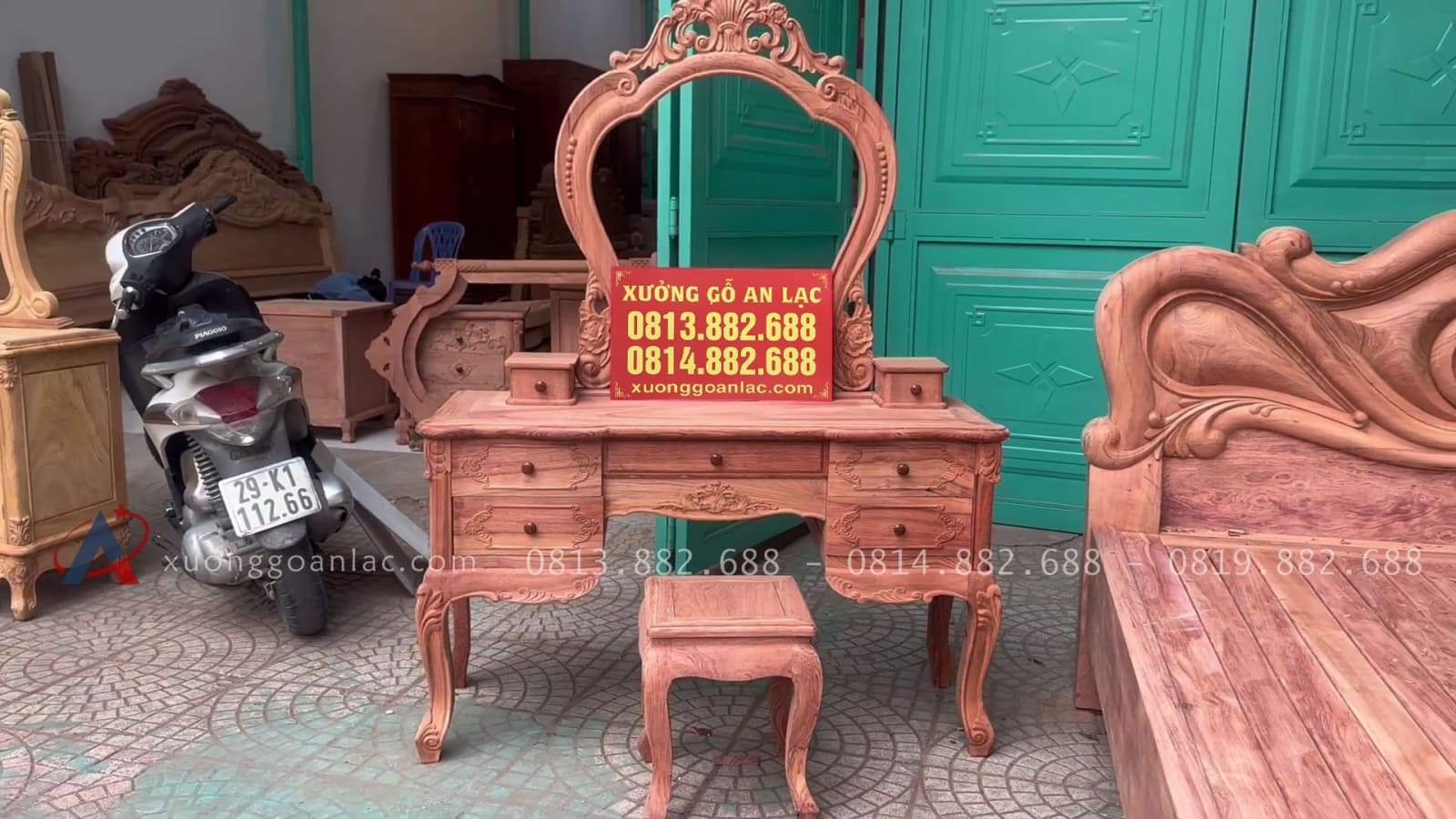 Combo Giường ngủ mẫu xoài nguyên khối + bàn trang điểm gỗ hương đá 8 mẫu bàn trang điểm gỗ hương đá