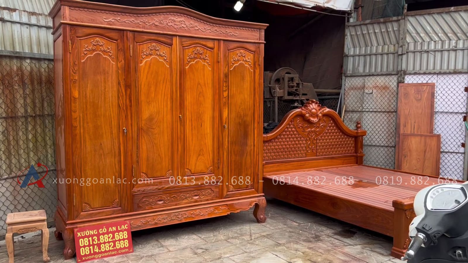 Combo giường ngủ mẫu tân cổ điển + tủ áo gỗ gõ đỏ Nam Phi 13 mẫu tủ quần áo 3 buồng 4 cánh
