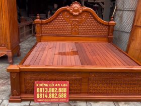 Combo giường ngủ mẫu tân cổ điển + tủ áo gỗ gõ đỏ Nam Phi 9 giường louis đục hoa lá tây