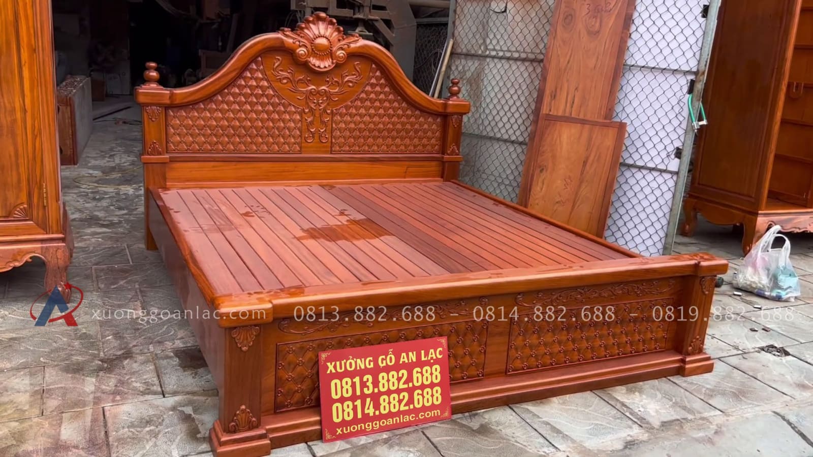 Combo giường ngủ mẫu tân cổ điển + tủ áo gỗ gõ đỏ Nam Phi 16 giường ngủ dát phản nan