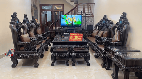 bàn giao combo nội thất phòng khách gỗ mun hàng vip
