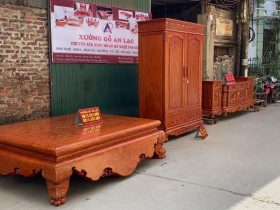 combo sập ngồi, kệ tivi và tủ quần áo gỗ hương đá
