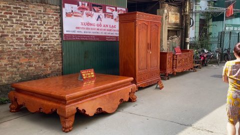 combo sập ngồi, kệ tivi và tủ quần áo gỗ hương đá