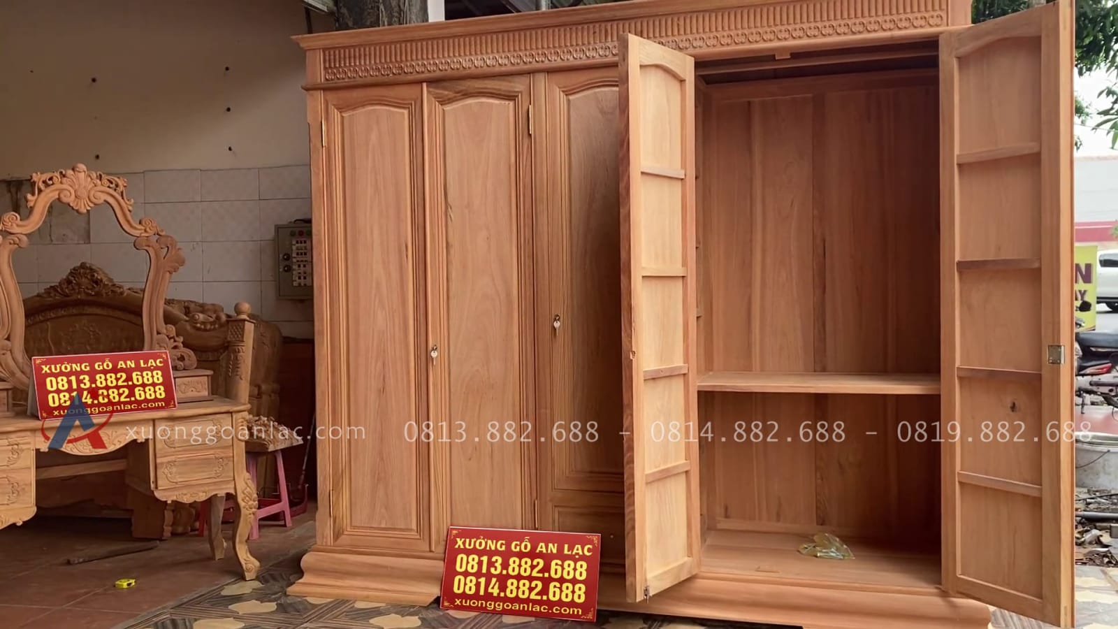 Combo tủ quần áo + bàn trang điểm gỗ gõ đỏ Nam Phi 7 mẫu tủ quần áo 3 buồng 5 cánh