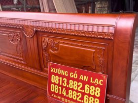 Giường ngủ chữ X gỗ gõ đỏ dát nan 1m6 x 2m 10 đầu cao 1m10 đục hoa lá tay vặn thừng