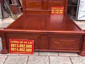 Giường ngủ chữ X gỗ gõ đỏ dát nan 1m6 x 2m 12 đầu giường thấp đục họa tiết hoa lá tây