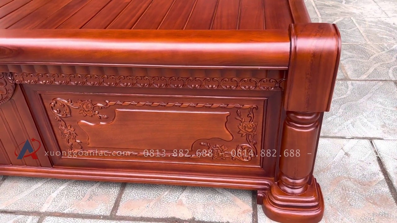 Giường ngủ chữ X gỗ gõ đỏ dát nan 1m6 x 2m 21 chân giường tiện tròn lạ mắt
