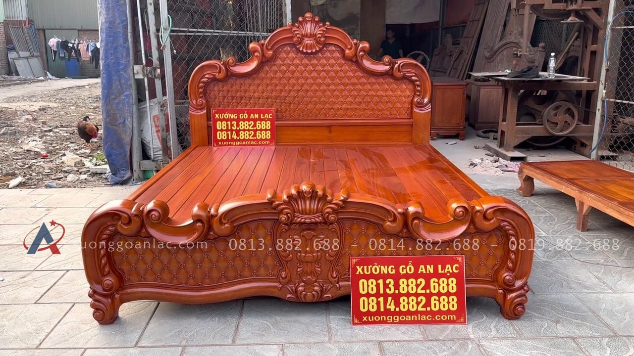 Giường ba khúc lan tây đục trám gõ đỏ 180x200cm 18 giường ngủ tân cổ điển gỗ gõ đỏ