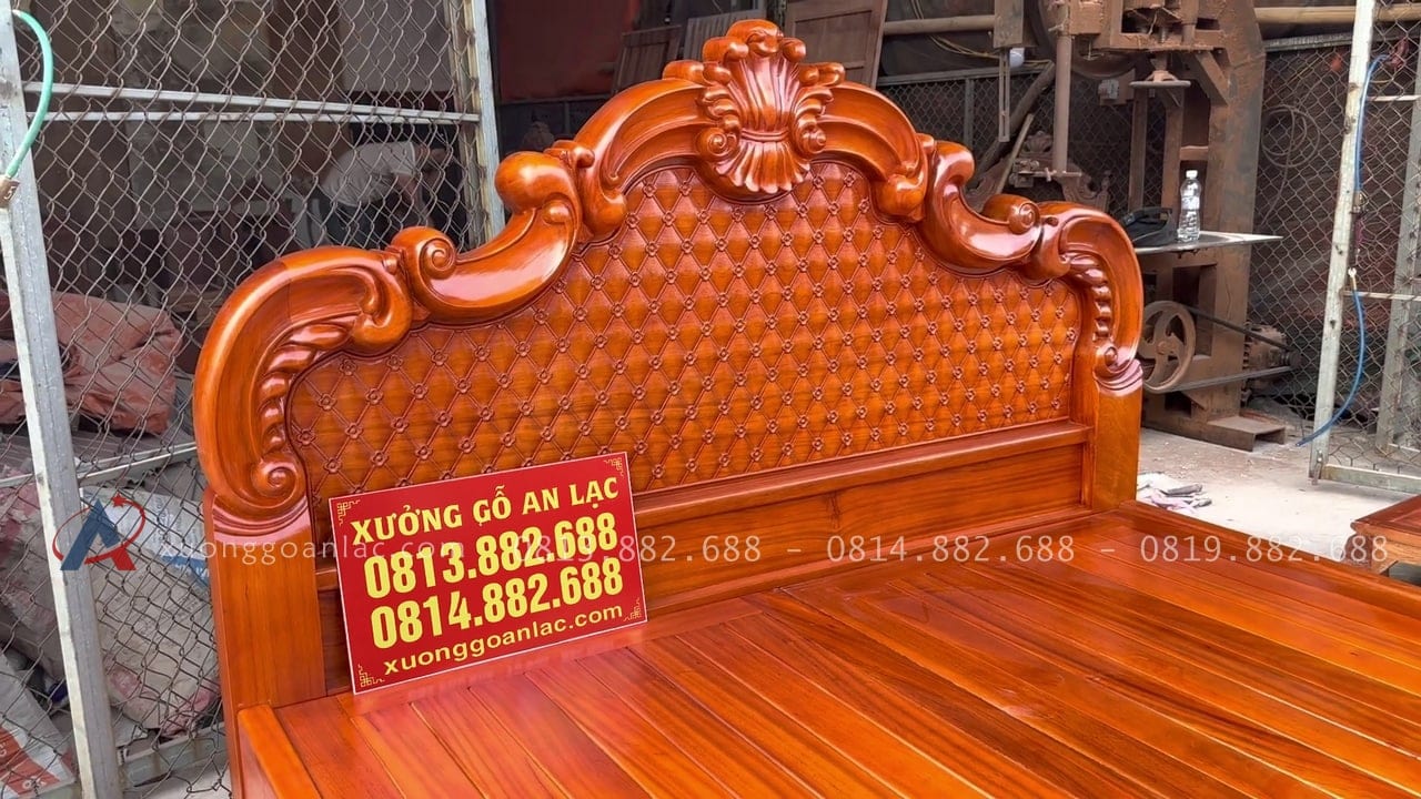 Giường ba khúc lan tây đục trám gõ đỏ 180x200cm 21 đầu cao cao 1m38