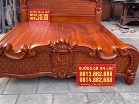 Giường ba khúc lan tây đục trám gõ đỏ 180x200cm 14 đầu thấp đục hoa lá tây