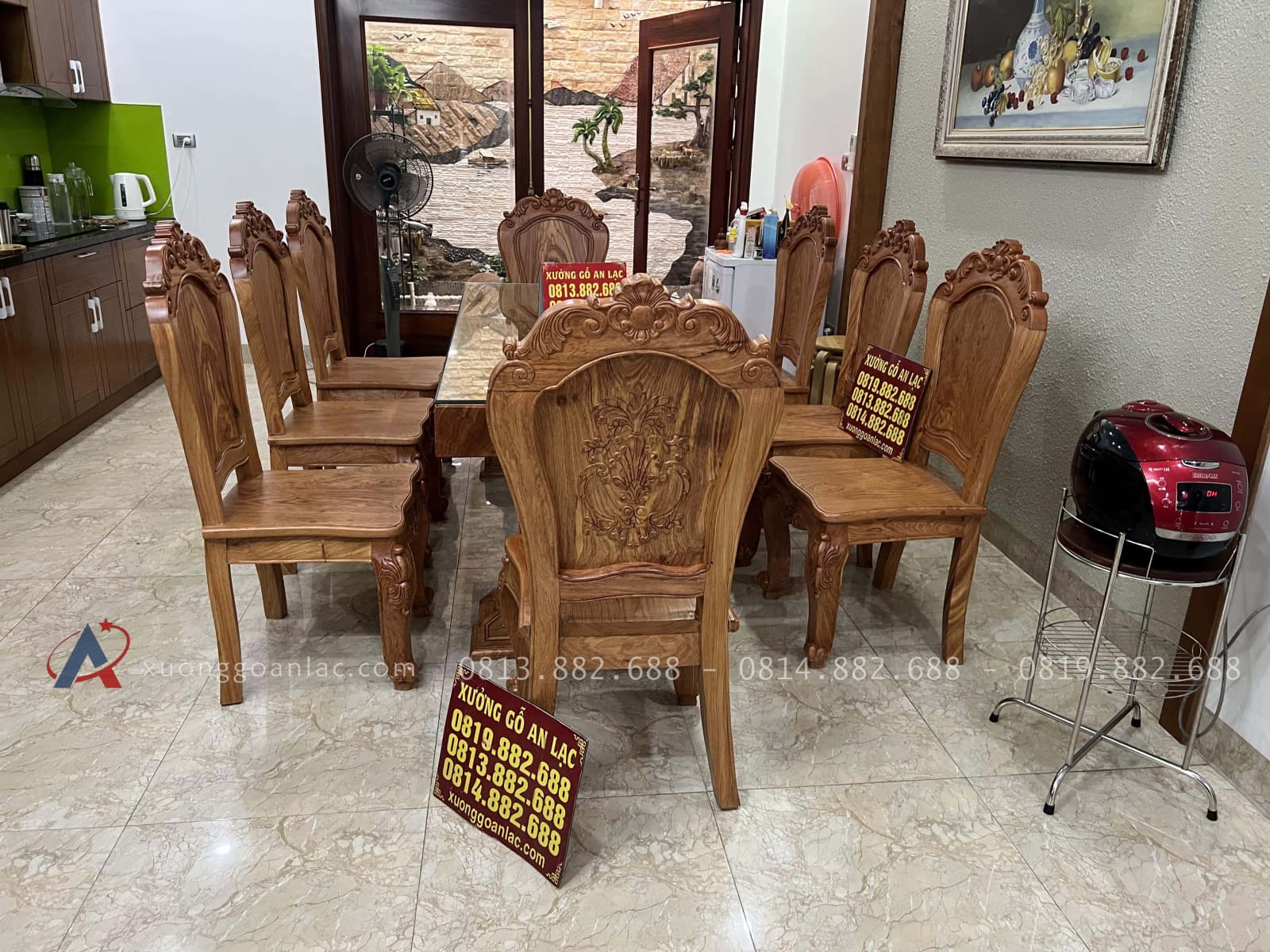 Bộ bàn ăn nguyên khối 8 ghế louis gỗ hương đá siêu vân hàng vip (Anh Sĩ, Điện Biên) 23 bộ bàn ăn nguyên khối gỗ hương đá