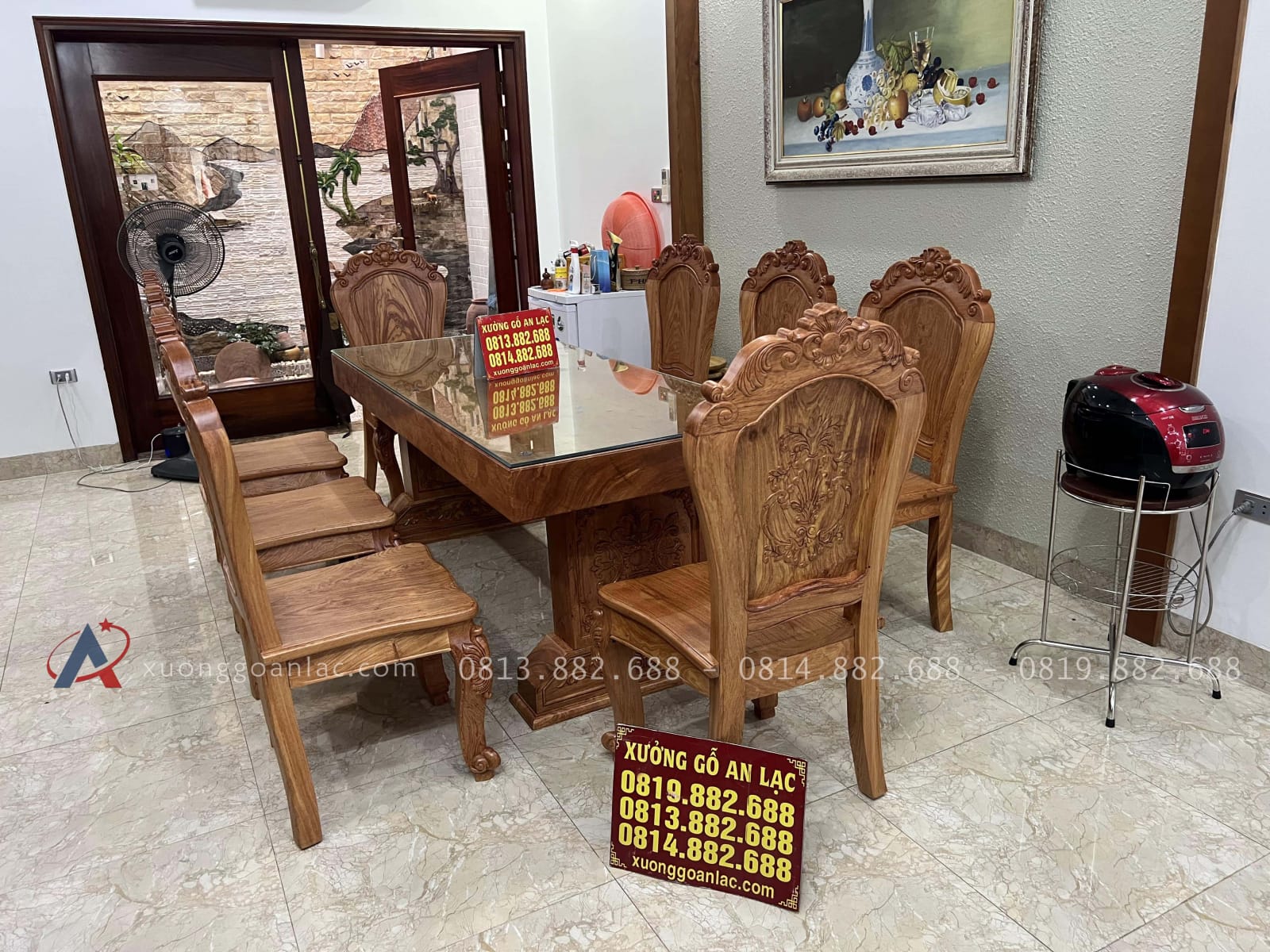 Bộ bàn ăn nguyên khối 8 ghế louis gỗ hương đá siêu vân hàng vip (Anh Sĩ, Điện Biên) 25 bộ bàn ghế ăn louis hoàng gia
