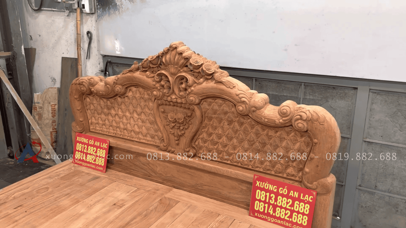 Mẫu giường hồng trĩ gỗ hương đá (mộc thô) 20 đầu giường hồng trĩ đục họa tiết thủ công