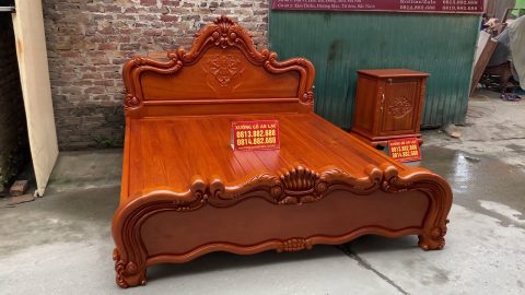 mẫu giường ngủ hoàng gia hoa lá tây gỗ gõ đỏ