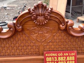 Giường 3 khúc gõ đỏ ván đục trám 2m x 2m2 8 đầu giường cao đục hoa lá tây