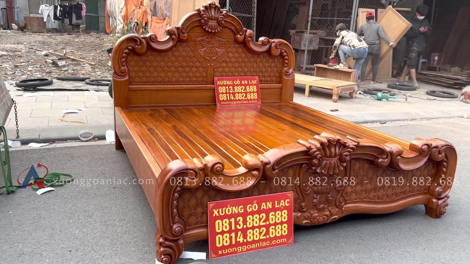 Giường 3 khúc gõ đỏ ván đục trám 2m x 2m2 15 đầu thấp thiết kế đồng điệu với đầu cao