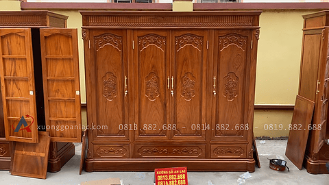 mẫu tủ quần áo 4 cánh gỗ gõ đỏ