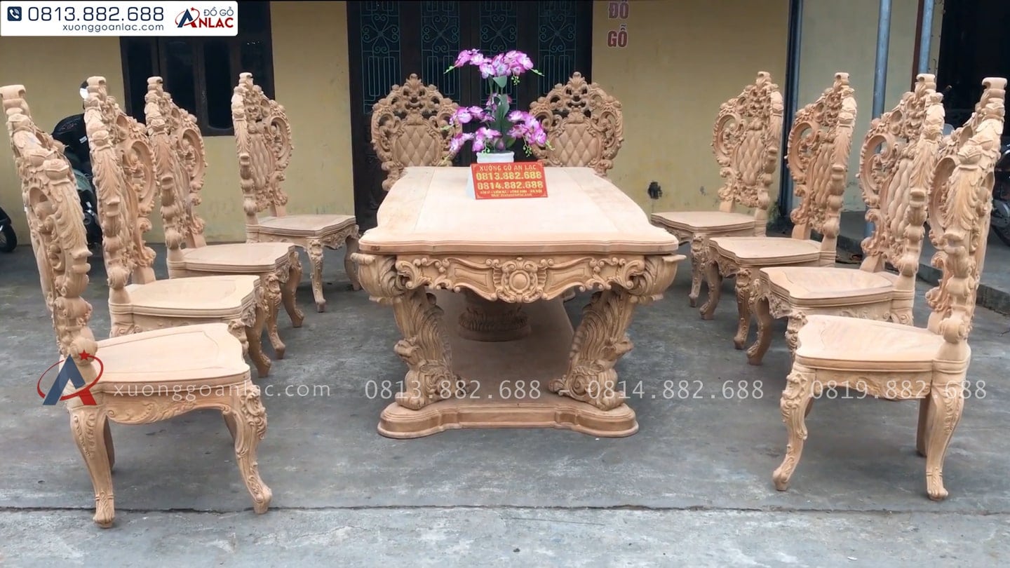 Bộ bàn ăn Louis hoàng gia 10 ghế gỗ gõ đỏ hàng mộc (Anh Đại, Ninh Bình) 22 mộc bộ bàn ăn louis hoàng gia 10 ghế gỗ gõ đỏ
