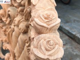 Bộ bàn ăn Louis hoàng gia 10 ghế gỗ gõ đỏ hàng mộc (Anh Đại, Ninh Bình) 20 cận cảnh họa tiết hoa hồng