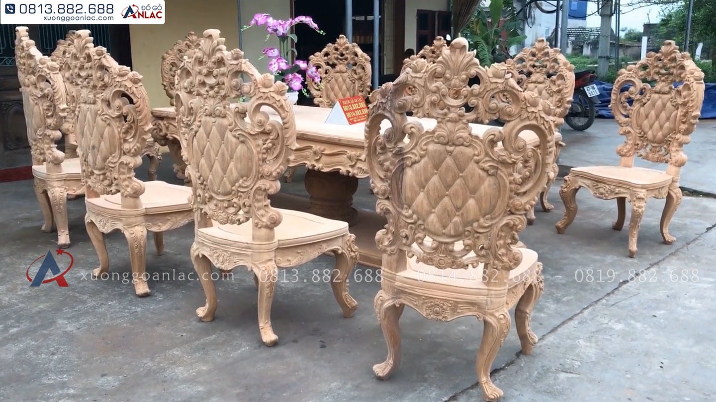 Bộ bàn ăn Louis hoàng gia 10 ghế gỗ gõ đỏ hàng mộc (Anh Đại, Ninh Bình) 32 mặt lưng của ghế louis hoàng gia
