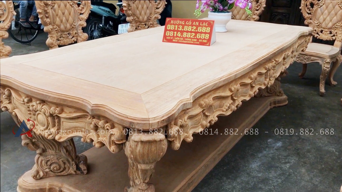 Bộ bàn ăn Louis hoàng gia 10 ghế gỗ gõ đỏ hàng mộc (Anh Đại, Ninh Bình) 24 mặt bàn khuôn tranh ván liền siêu lớn