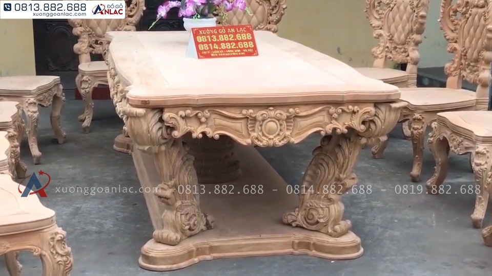 Bộ bàn ăn Louis hoàng gia 10 ghế gỗ gõ đỏ hàng mộc (Anh Đại, Ninh Bình) 25 hệ chân và yếm bàn đục tỉa tinh xảo