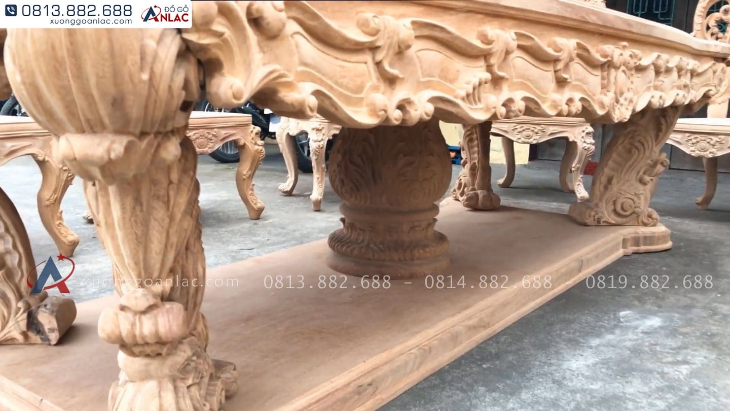Bộ bàn ăn Louis hoàng gia 10 ghế gỗ gõ đỏ hàng mộc (Anh Đại, Ninh Bình) 26 chân trụ giữa bàn ăn