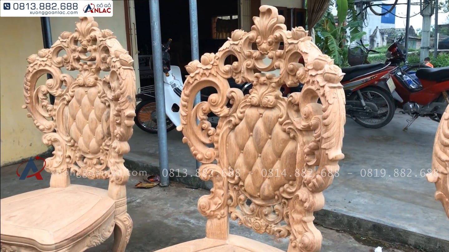 Bộ bàn ăn Louis hoàng gia 10 ghế gỗ gõ đỏ hàng mộc (Anh Đại, Ninh Bình) 28 ghế louis lưng cao không tay