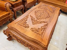 Siêu phẩm bàn ghế hoàng gia nguyên khối 10 món gỗ hương đá (Anh Sâm - Cao Bằng) 22 mặt bàn trà đục hoa lá tây