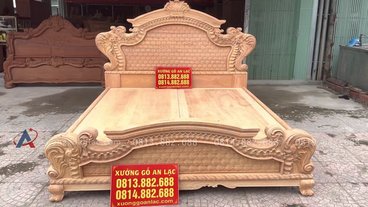 Mộc giường hoàng gia hoa 4 cánh gỗ gõ đỏ 1 thành phẩm mộc giường ngủ tân cổ điển gỗ gõ đỏ