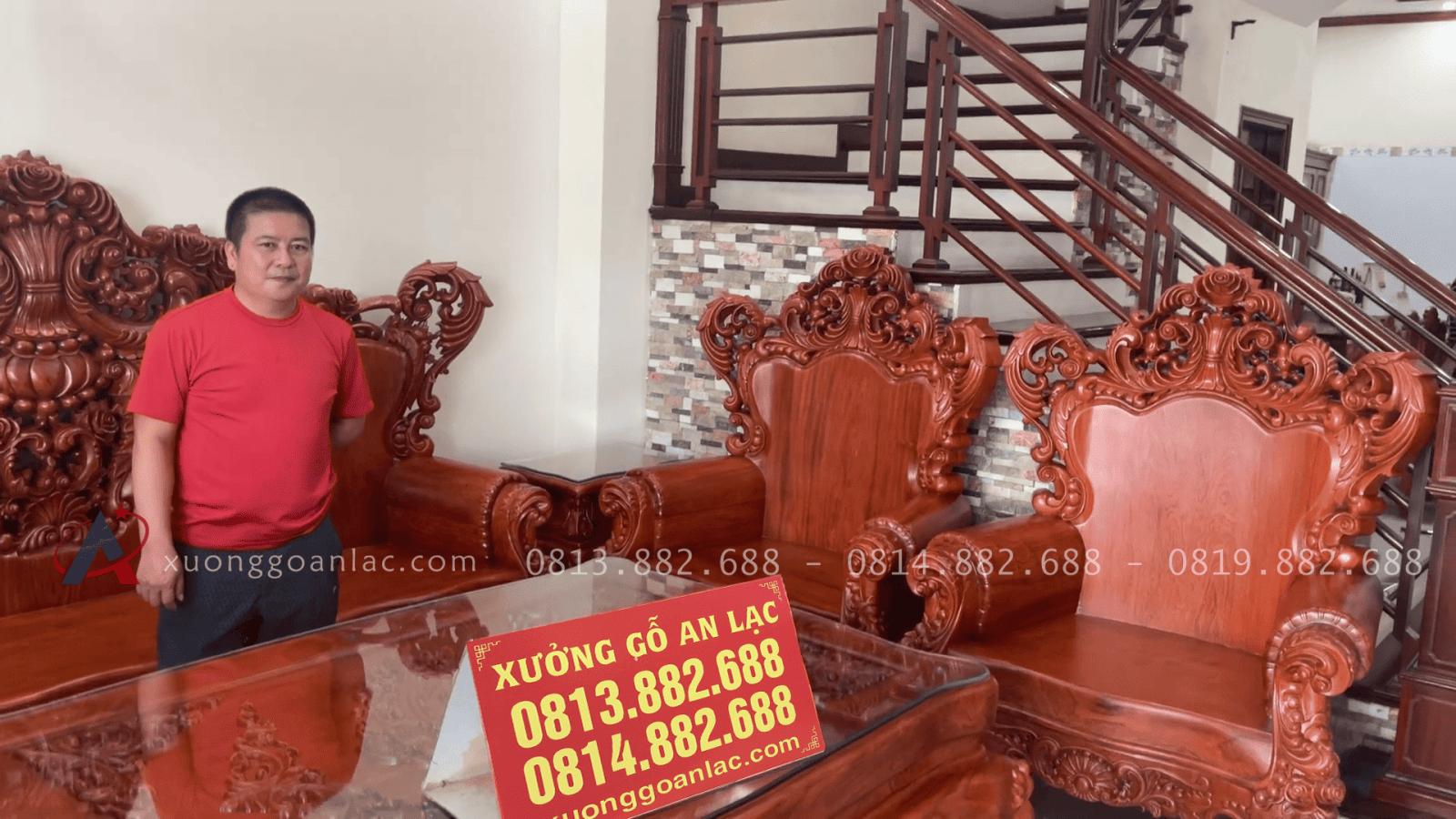 Bàn ghế Hoàng gia nguyên khối hàng vách tựa lưng liền nguyên khối gỗ hương đá (Anh Thủy - Ninh Bình) 2 Bộ bàn ghế hoàng gia nguyên khối 10 món
