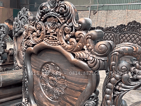 Bàn giao bộ bàn ghế hoàng gia tân cổ điển gỗ mun hoa Lào 8 món cho Chú Nhiệm - Nam Định 24 chương ghế đục hoa lá tây tinh xảo