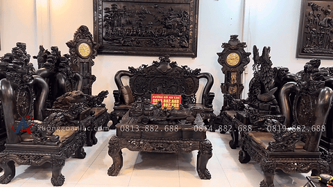 bàn ghế minh quốc nghê gỗ mun hoa Lào