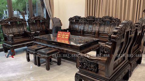 bàn ghế như ý chương voi chân 12 10 món gỗ mun