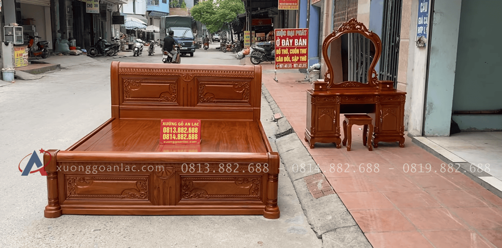 Combo giường ngủ chữ X và bàn trang điểm gỗ gõ đỏ 16 combo giường ngủ và bàn trang điểm gỗ gõ đỏ