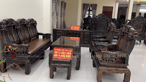 bàn ghế như ý chương voi gỗ mun lào chân 12 6 món