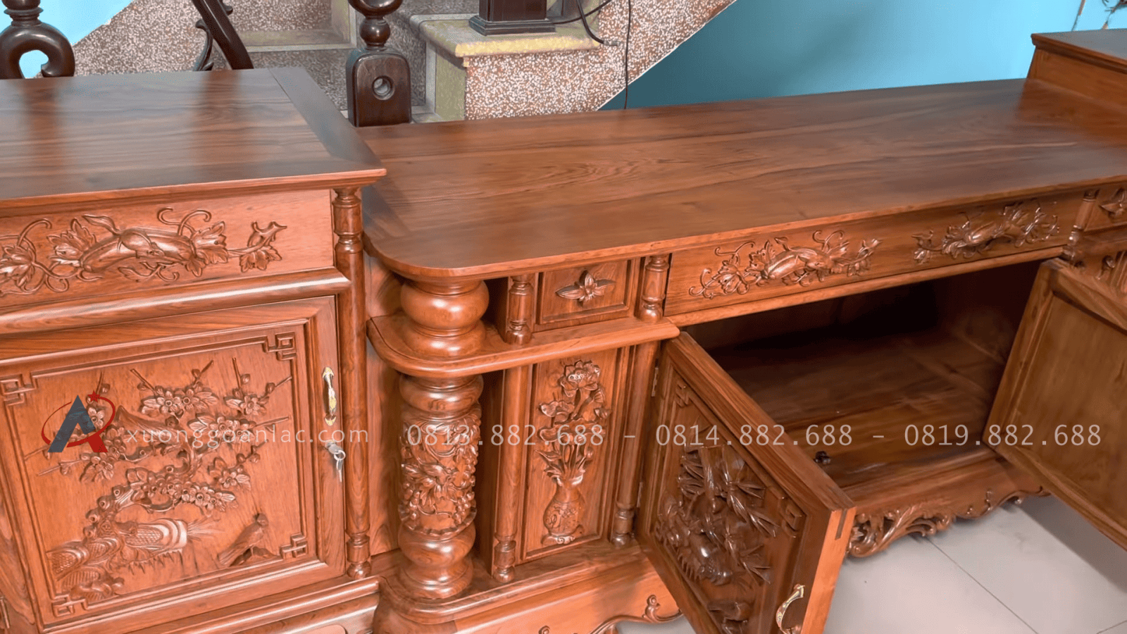 Combo nội thất gỗ hương đá hàng vip cho gia đình cô Hương ở Ninh Bình 23 mẫu kệ tivi cột nho con sóc