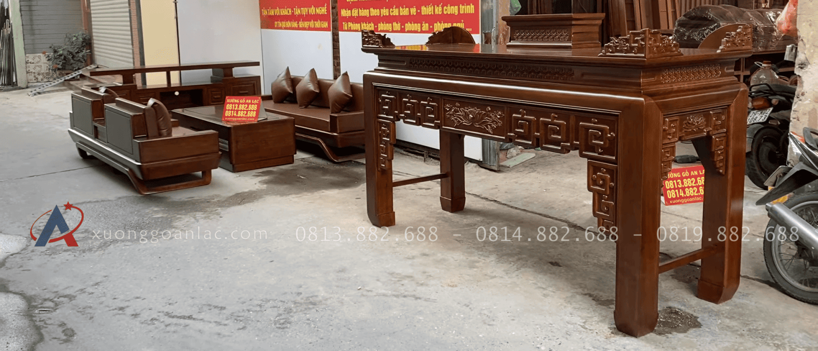 Combo sofa chân thuyền, kệ tivi và án gian thờ gỗ hương đá phun PU giả óc chó 28 combo sofa, kệ tivi và án gian thờ gỗ hương đá