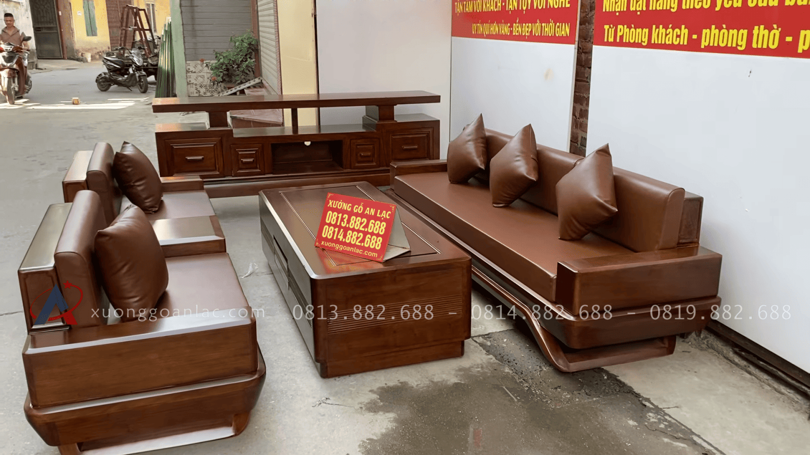 Combo sofa chân thuyền, kệ tivi và án gian thờ gỗ hương đá phun PU giả óc chó 29 bộ đôi sofa và kệ tivi gỗ hương đá