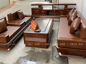 Combo sofa chân thuyền, kệ tivi và án gian thờ gỗ hương đá phun PU giả óc chó 16 bộ sofa gỗ đóng hộp 3 món