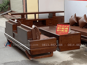 Combo sofa chân thuyền, kệ tivi và án gian thờ gỗ hương đá phun PU giả óc chó 17 bàn trà dạng hộp lạ mắt