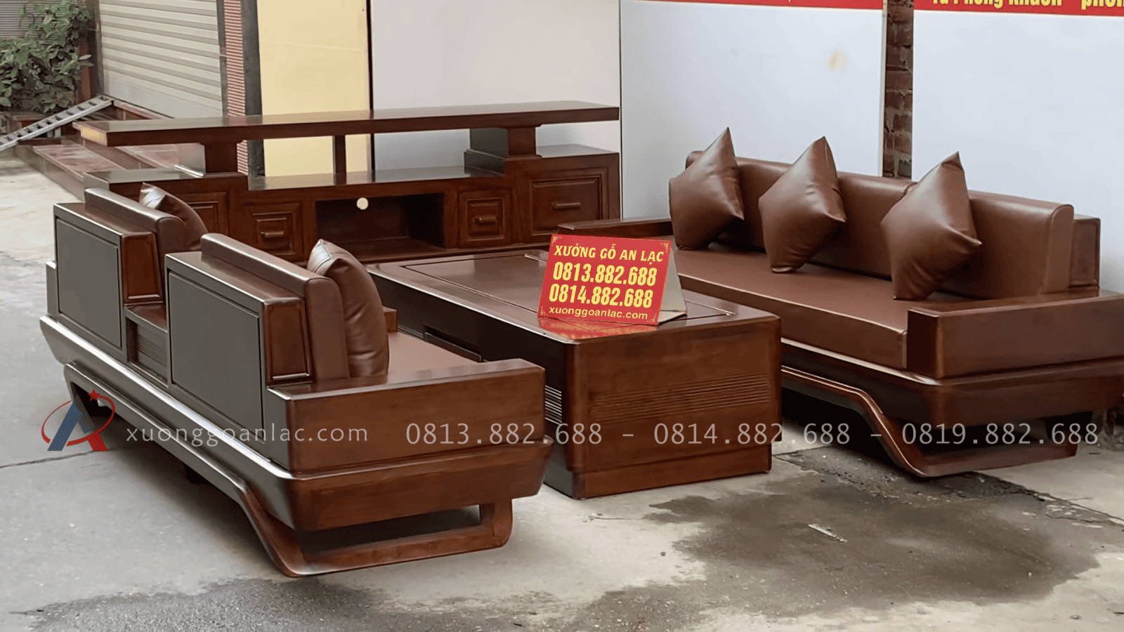 Combo sofa chân thuyền, kệ tivi và án gian thờ gỗ hương đá phun PU giả óc chó 31 bàn trà dạng hộp lạ mắt