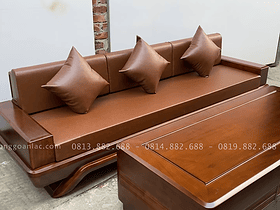 Combo sofa chân thuyền, kệ tivi và án gian thờ gỗ hương đá phun PU giả óc chó 18 Ghế băng dài kết hợp cùng đệm da