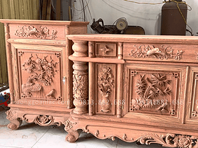 Kệ tivi cột nho hàng dày đẹp đục tay dài 2m8 gỗ hương đá cao cấp (Anh Mạnh - Hải Phòng) 12 cột đục giàn nho con sóc, ô vách đục bình hoa hồng hoa sen