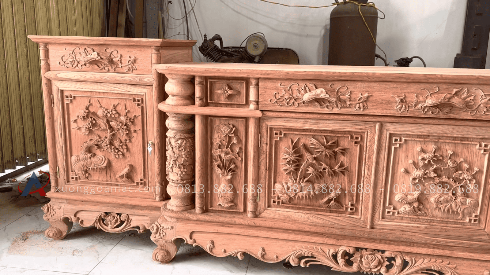 Kệ tivi cột nho hàng dày đẹp đục tay dài 2m8 gỗ hương đá cao cấp (Anh Mạnh - Hải Phòng) 19 cột đục giàn nho con sóc, ô vách đục bình hoa hồng hoa sen