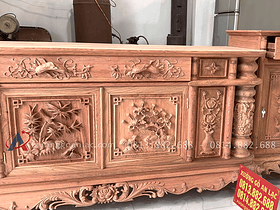 Kệ tivi cột nho hàng dày đẹp đục tay dài 2m8 gỗ hương đá cao cấp (Anh Mạnh - Hải Phòng) 13 cánh tủ đục tranh tứ quý