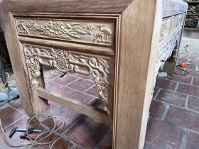 Án gian thờ Ngũ Phúc nhị cấp 2m17 gỗ gõ đỏ chân 16 giao Hà Nam 14 hồi đục tranh sen cò sống động