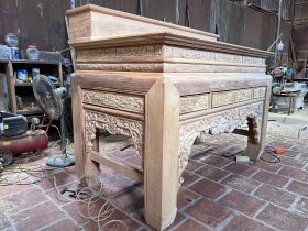 Án gian thờ Ngũ Phúc nhị cấp 2m17 gỗ gõ đỏ chân 16 giao Hà Nam 15 chân 16 bản lớn chắc chắn