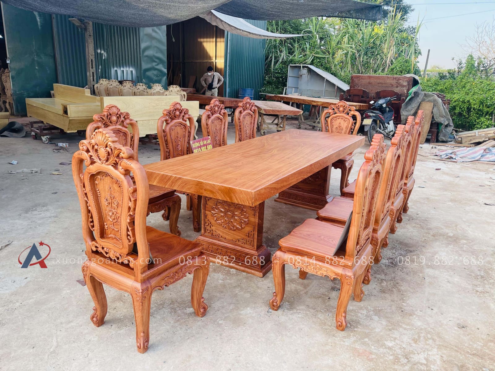 Bàn ăn nguyên khối 10 ghế hồng hạt gỗ hương đá siêu vip (Anh Hồng, Hà Nội) 30 bàn ăn nguyên khối 10 ghế hồng hạt gỗ hương đá