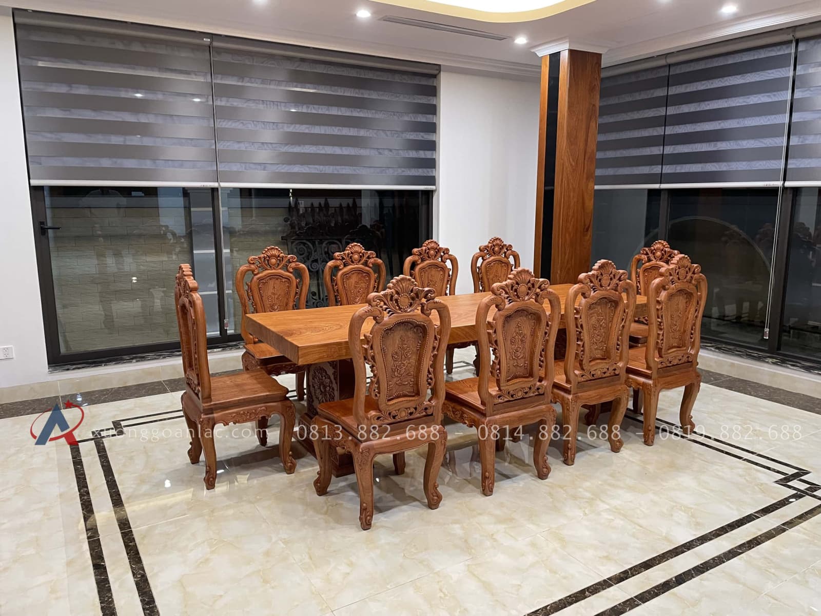 Bàn ăn nguyên khối 10 ghế hồng hạt gỗ hương đá siêu vip (Anh Hồng, Hà Nội) 41 bộ bàn ghế ăn gỗ hương